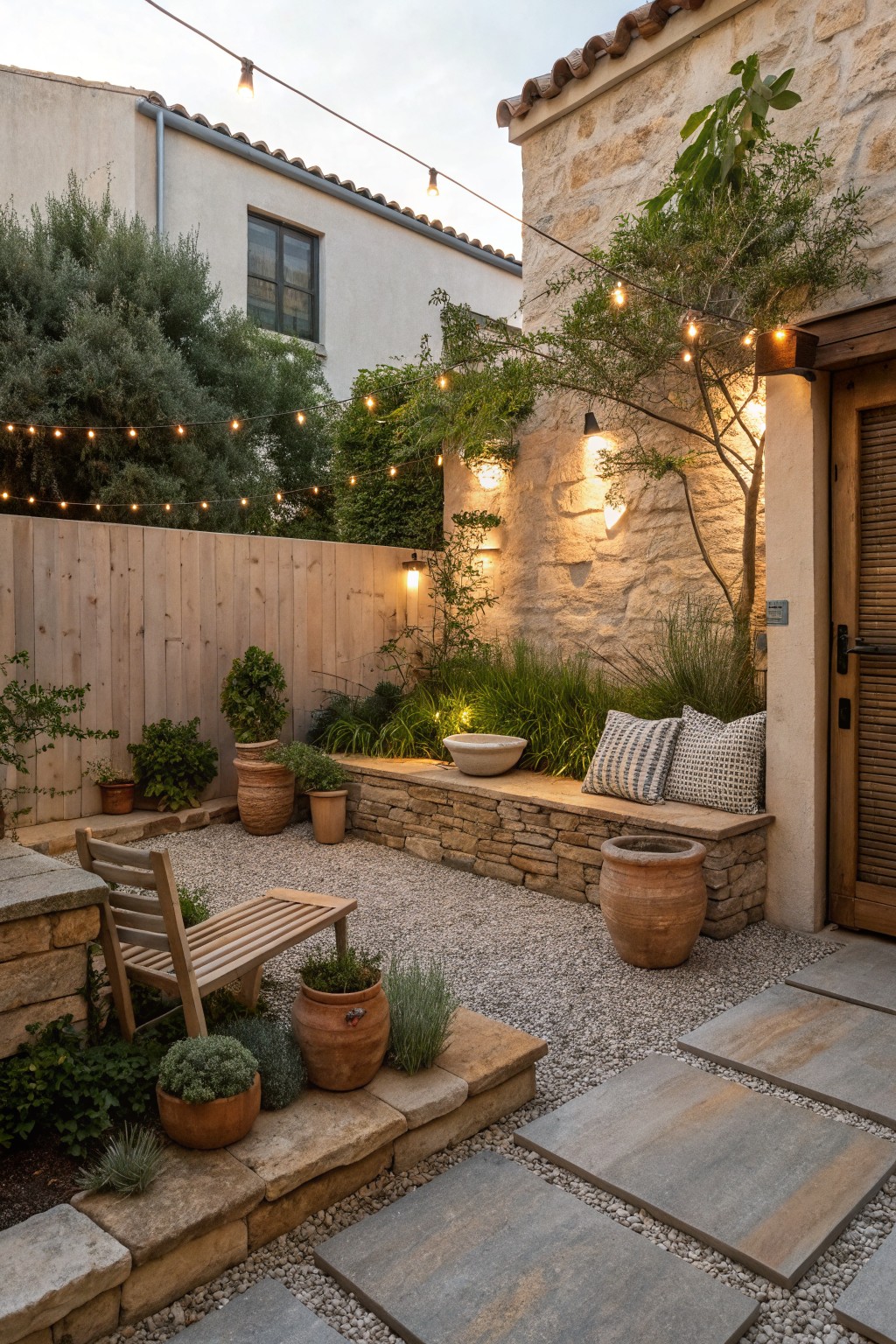 A small backyard courtyard with gravel, large rectangular pavers, potted plants, string lights, and a built-in stone bench against a wall.