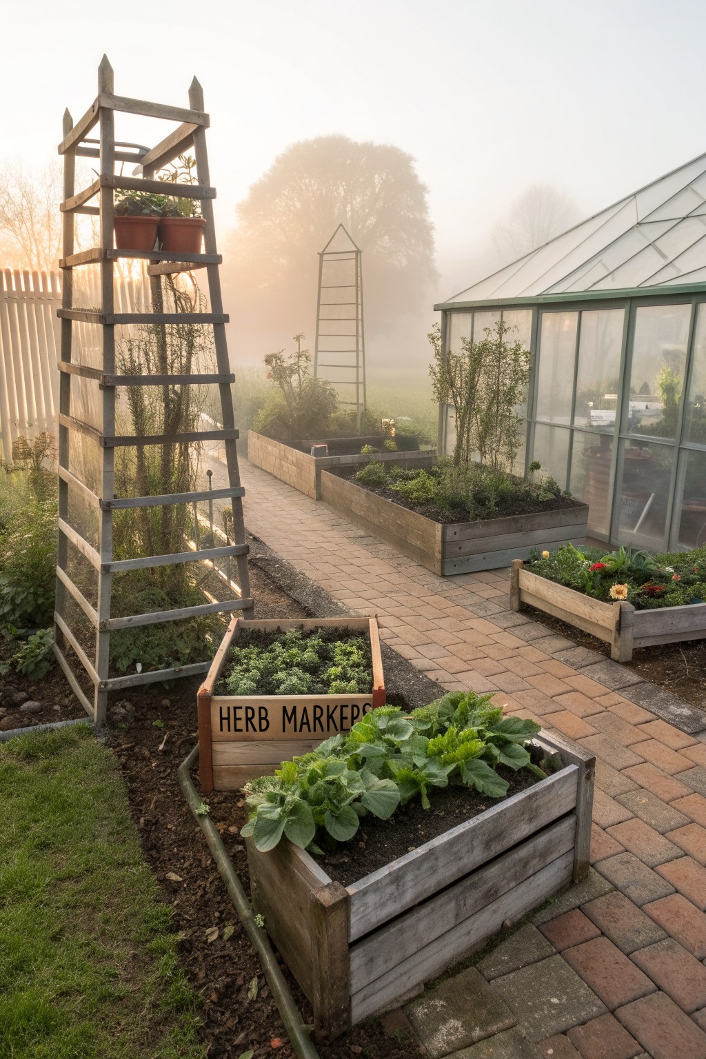 A backyard garden area with several wooden raised beds, one labeled
