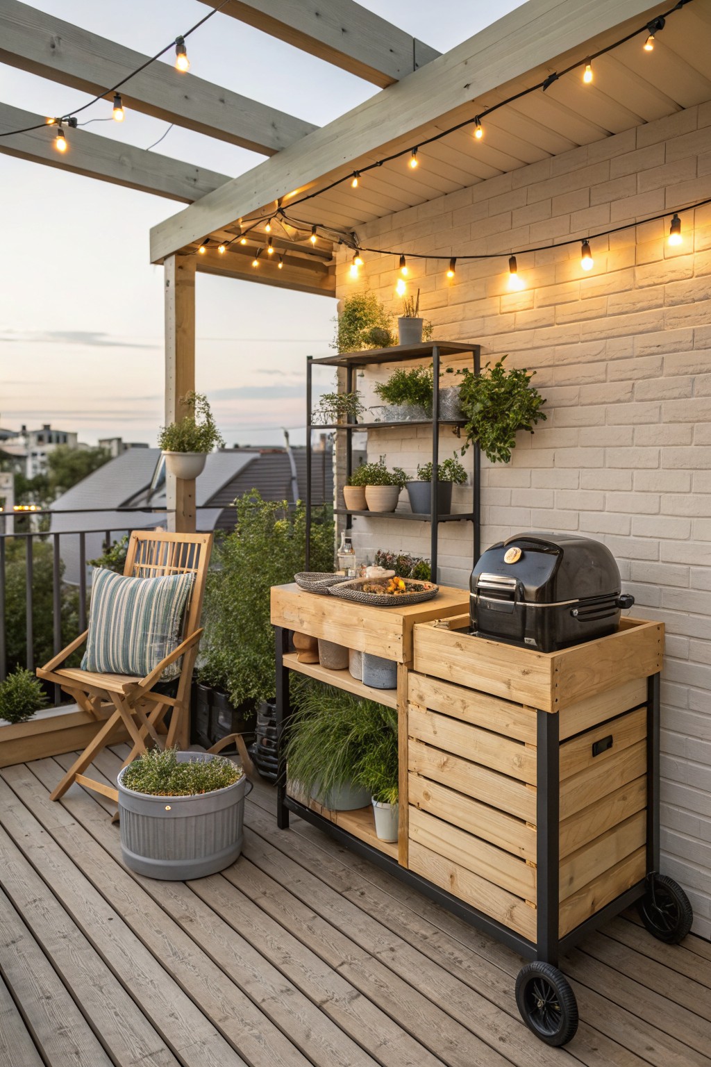 Wheeled wooden grill cart with plants on deck under string lights at dusk