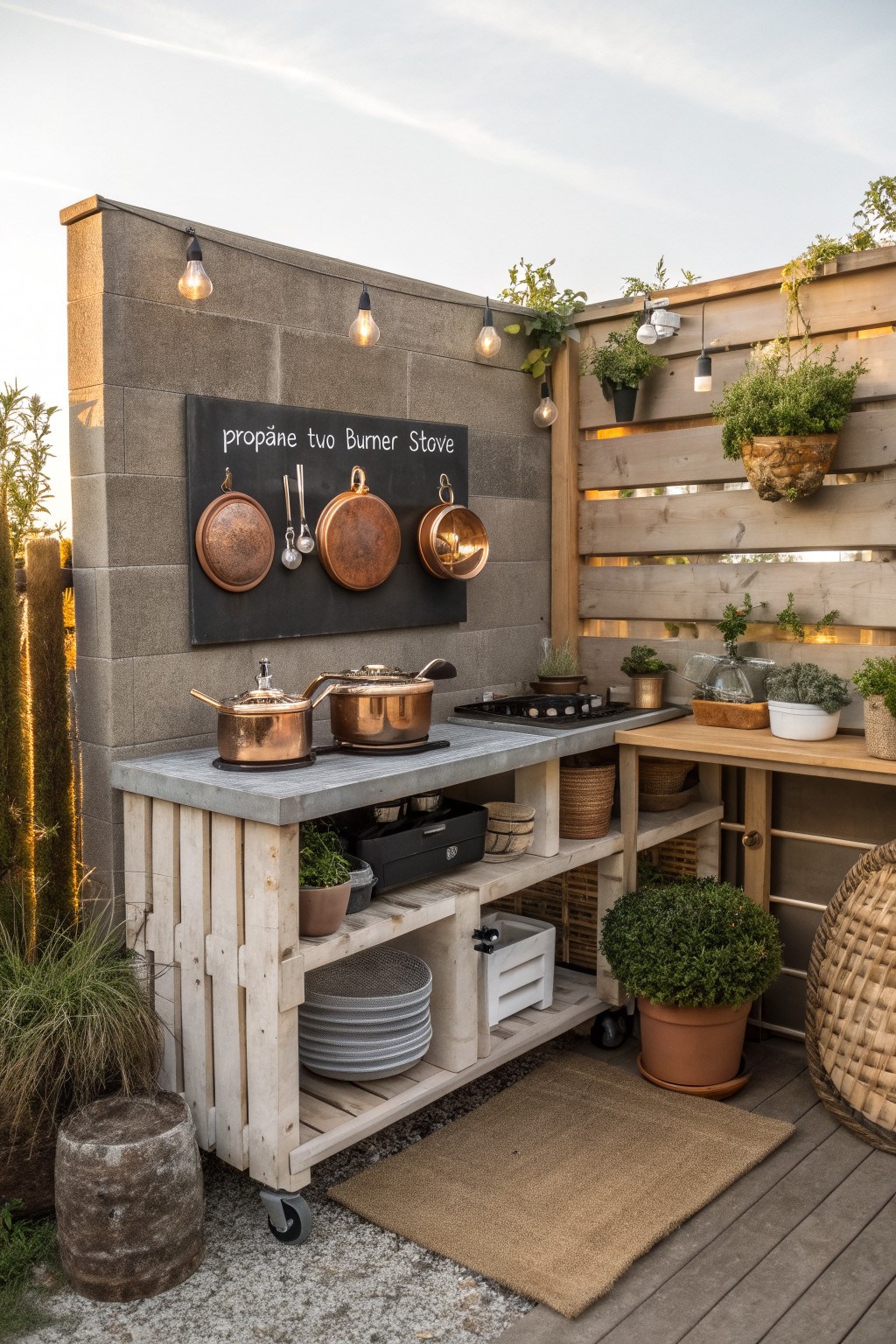 Outdoor kitchen cart on wheels with copper pots, a propane stove, and storage shelves on a wooden deck beside a concrete wall.