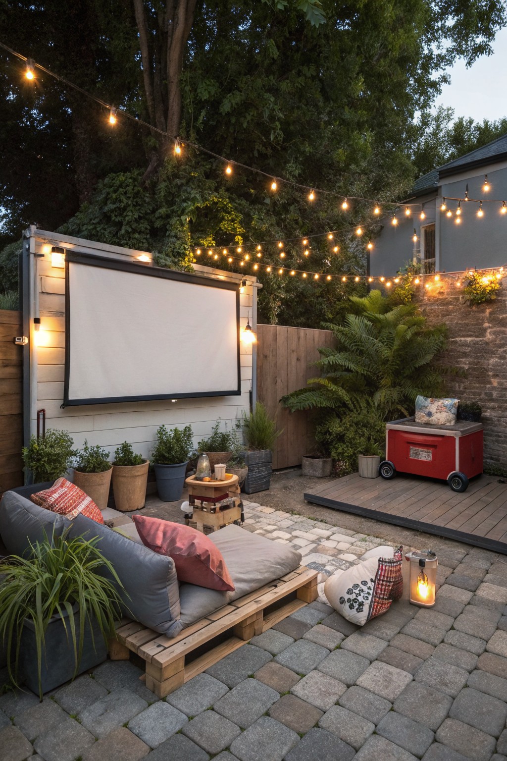 A backyard patio featuring a large white projector screen mounted on a wooden wall, pallet sofa with cushions, string lights overhead, potted plants, and a red cooler on a wooden deck.