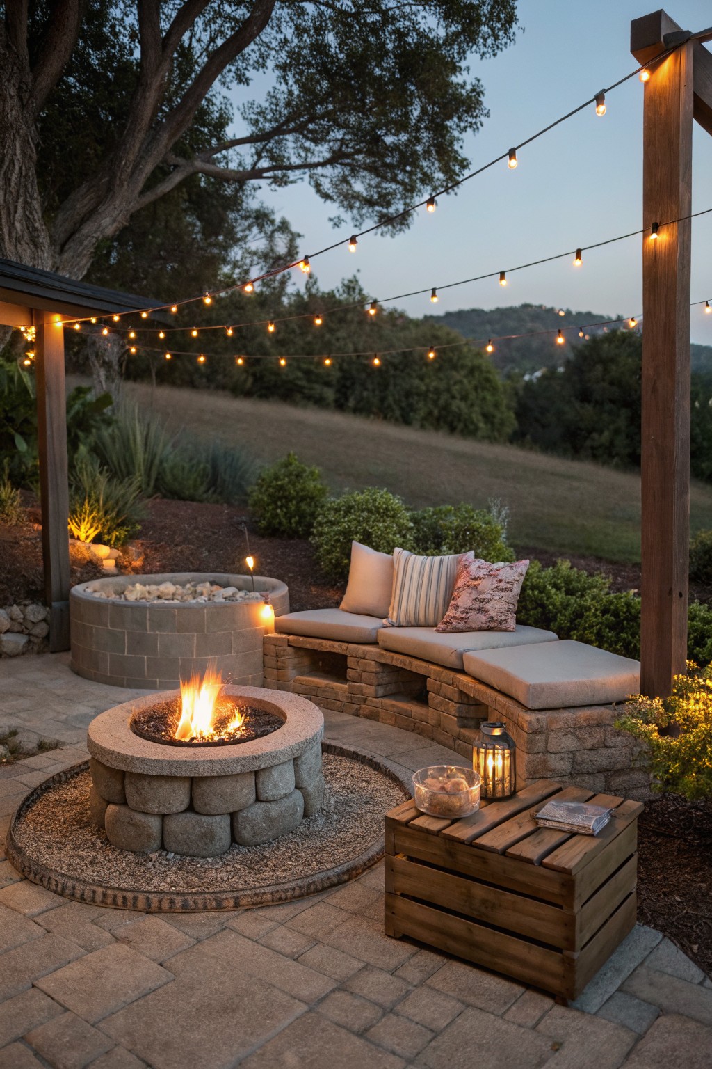 A backyard patio at dusk features a round stone fire pit on gravel, a curved stone bench with cushions, string lights strung overhead, and a wooden crate used as a side table.
