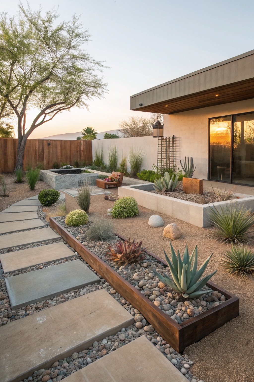 A modern backyard features concrete paver paths set in gravel, raised planting beds with succulents and desert plants, and a house with large glass doors.