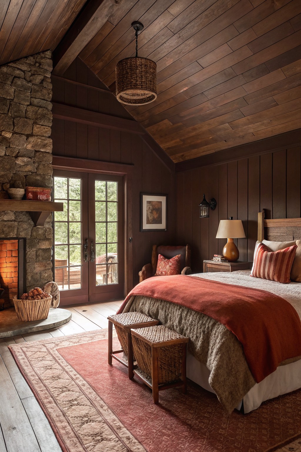A bedroom with deep brown walls and a wood ceiling.