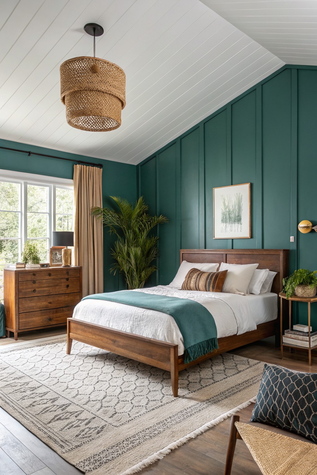 Bedroom with deep green walls and wooden furniture.
