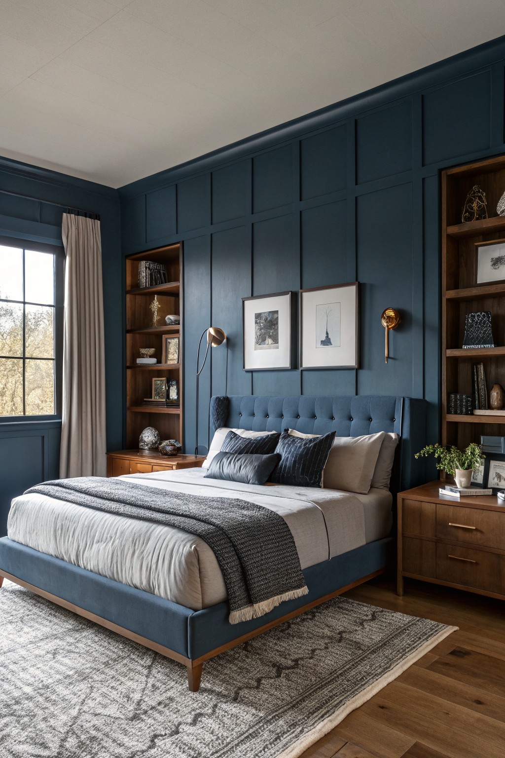 A bedroom featuring deep navy blue paneled walls.