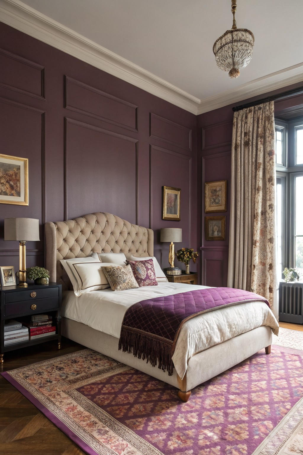 A bedroom with deep plum walls and a large upholstered bed.