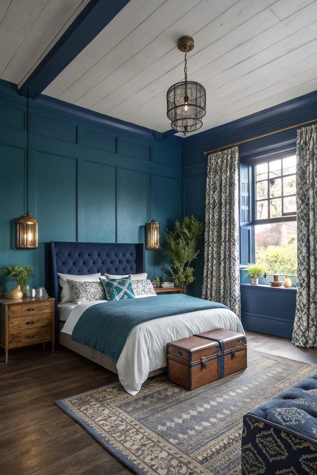Teal bedroom with navy tufted bed, white linens, vintage trunk, and patterned rug.
