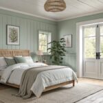 A bedroom featuring soft sage green walls with white trim and wood accents.