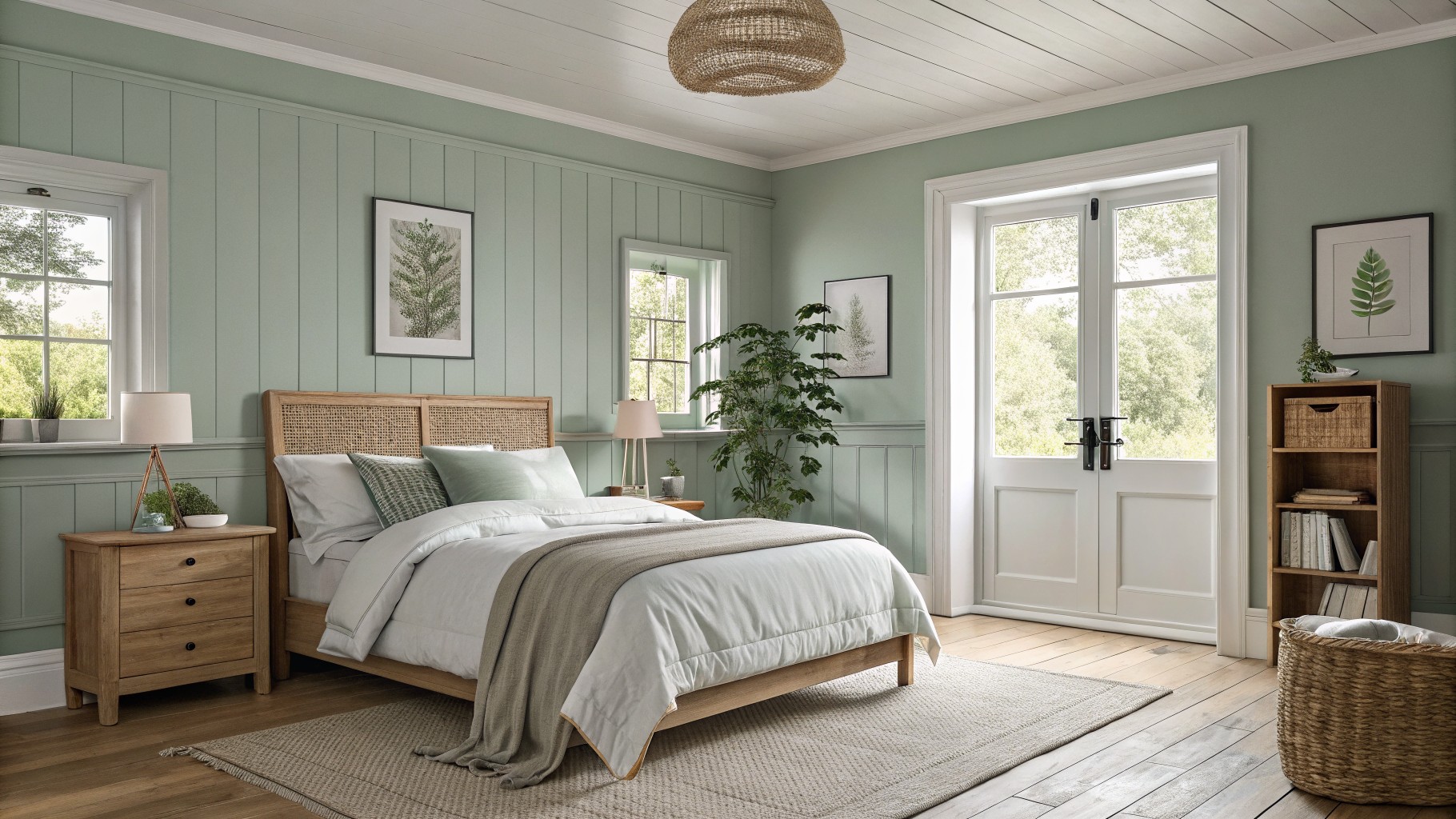 A bedroom featuring soft sage green walls with white trim and wood accents.