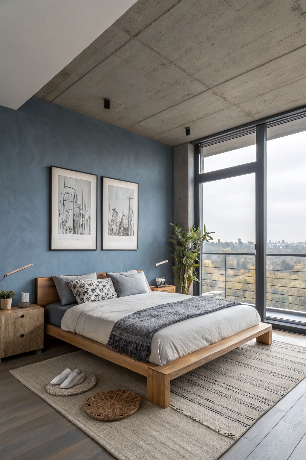 A bedroom featuring muted blue gray walls beside a large window.