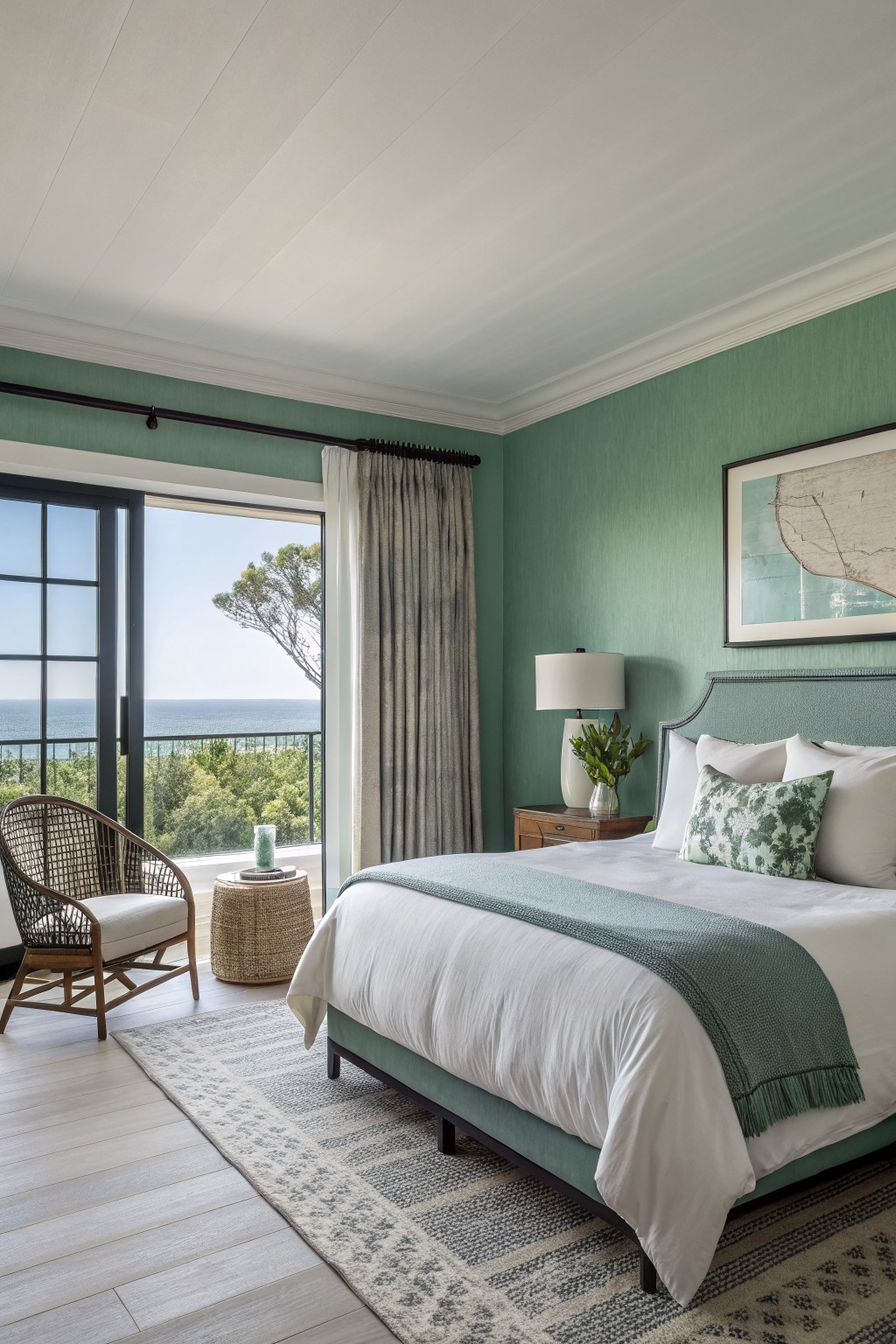 A bedroom with soft sage green walls and a large window overlooking the ocean.