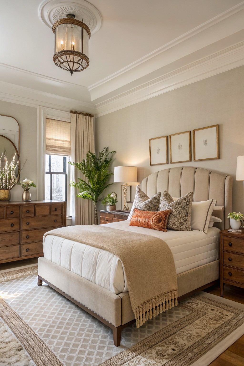 Bedroom walls painted in a soft greige color.