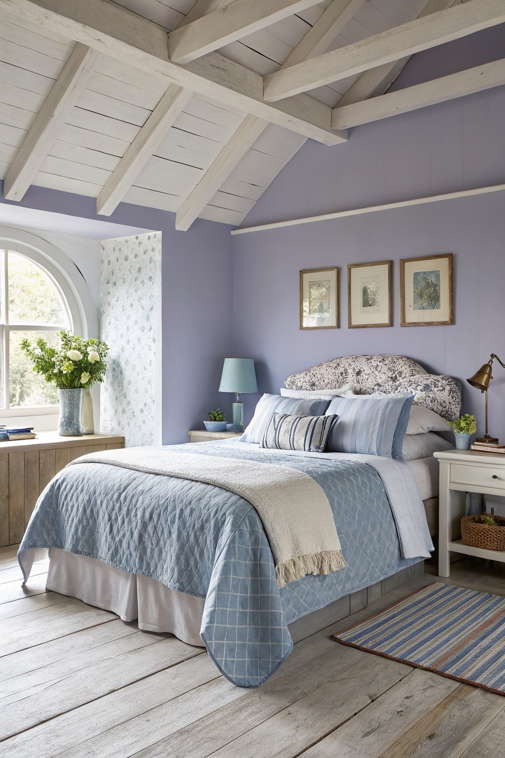 A bedroom with soft lavender walls and white ceiling beams.