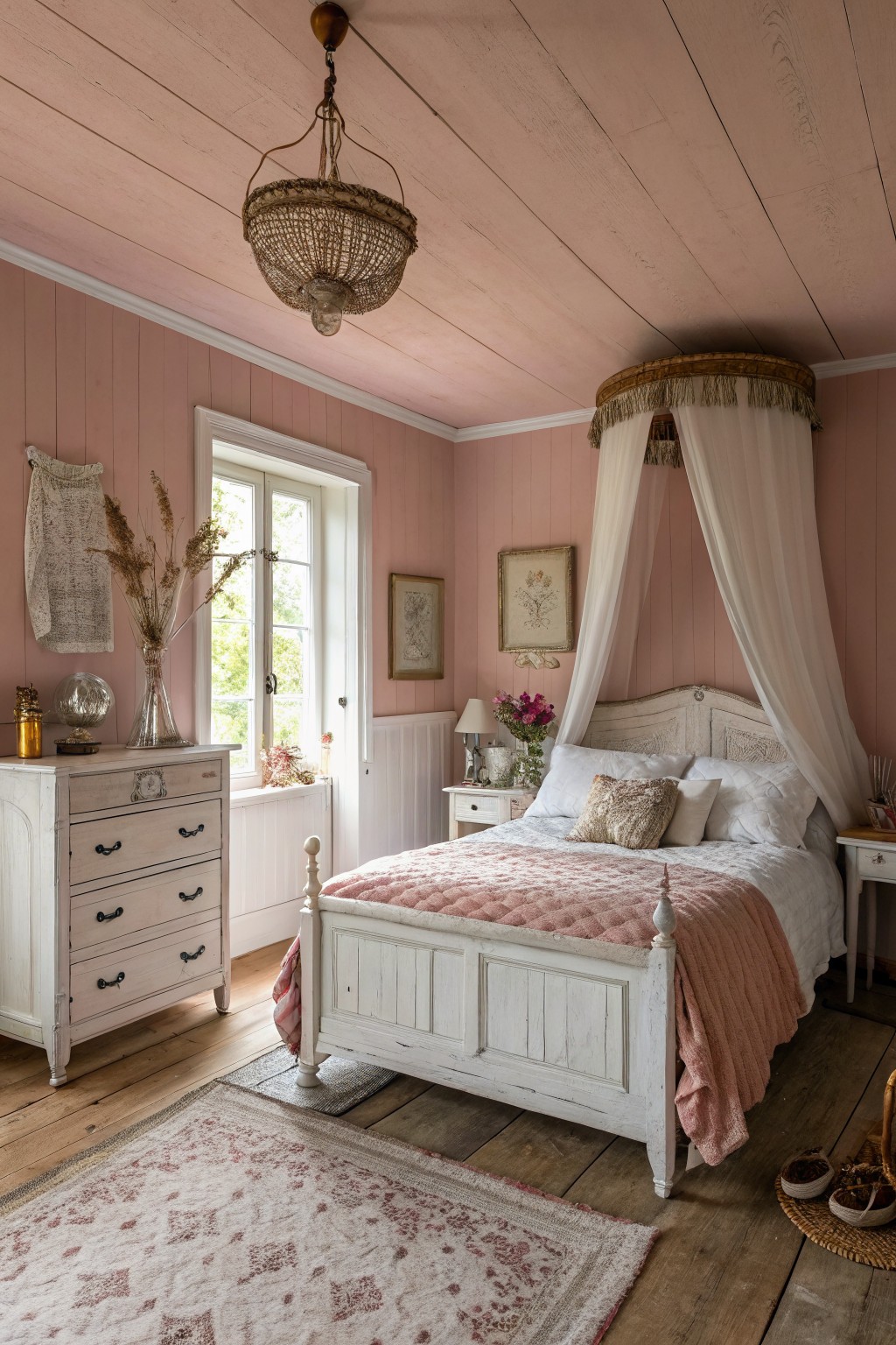Pink bedroom with white canopy bed, woven chandelier, wooden dresser, and floral rugs.