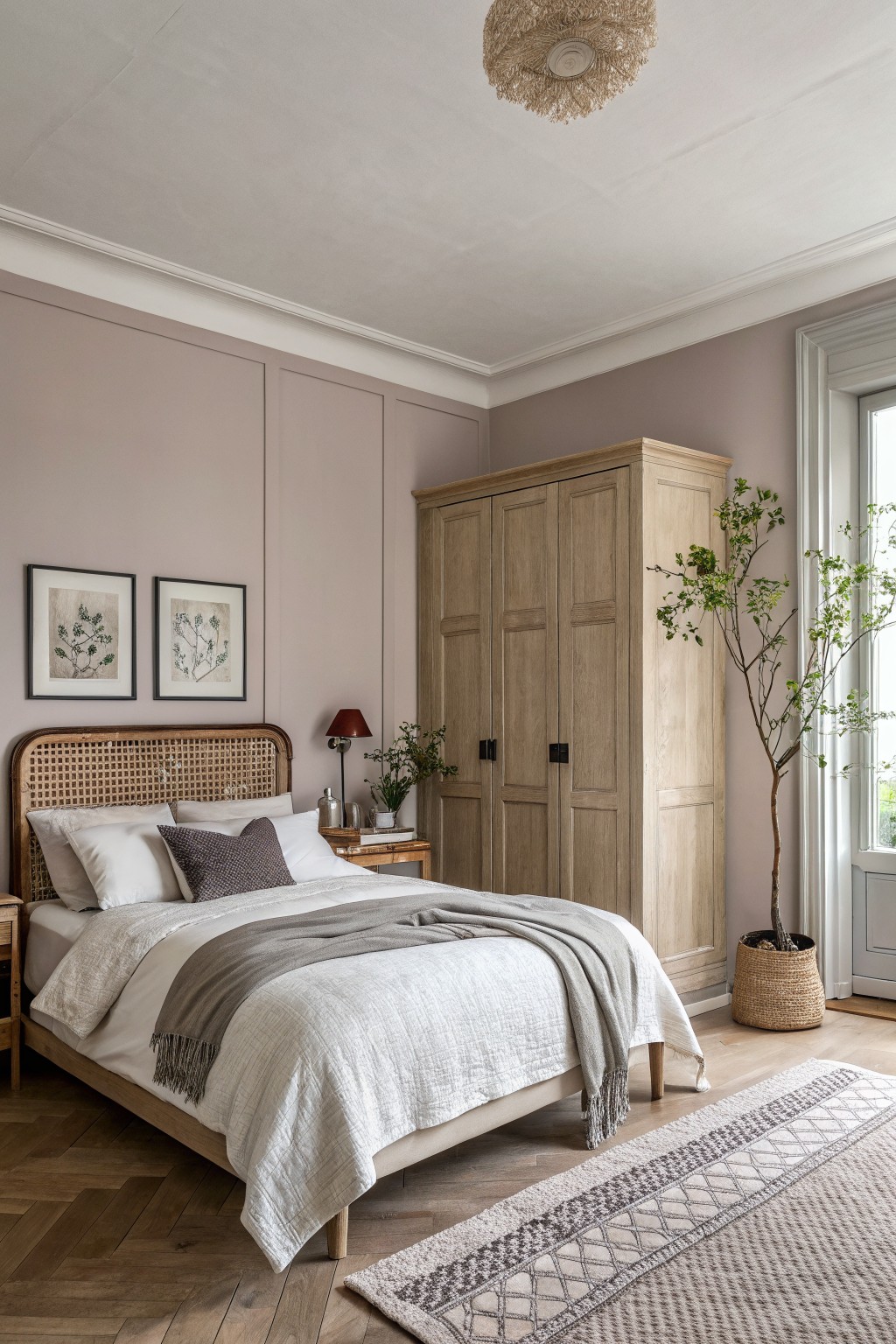 A bedroom with soft rose beige walls and light wood furniture.