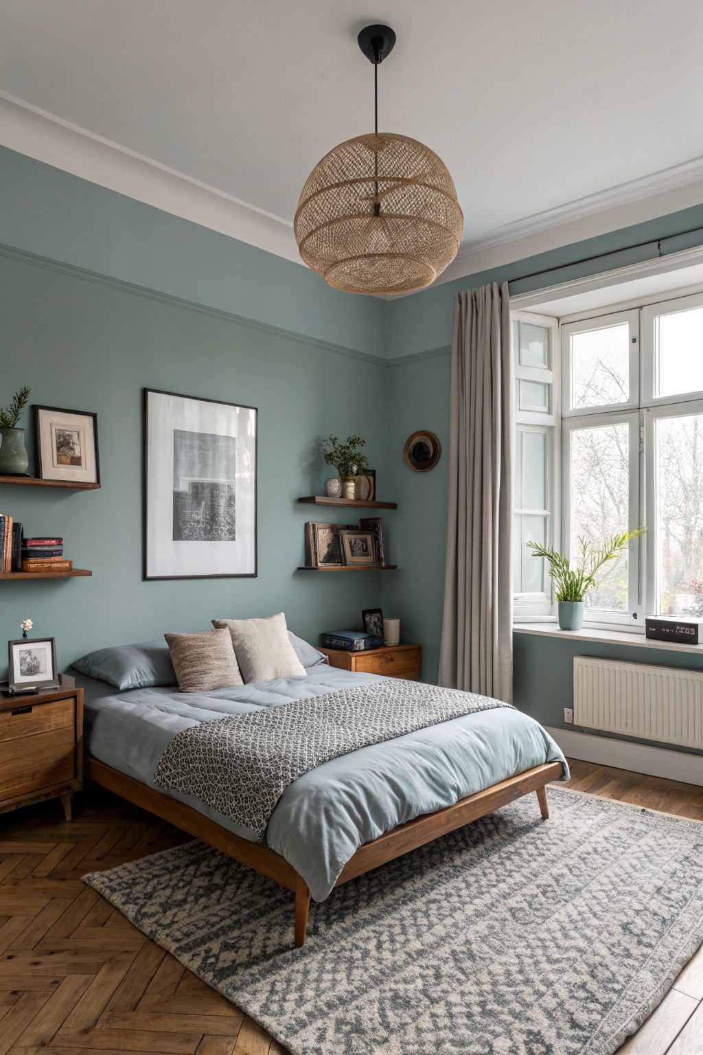 Bedroom walls painted in a soft blue-green sage shade.