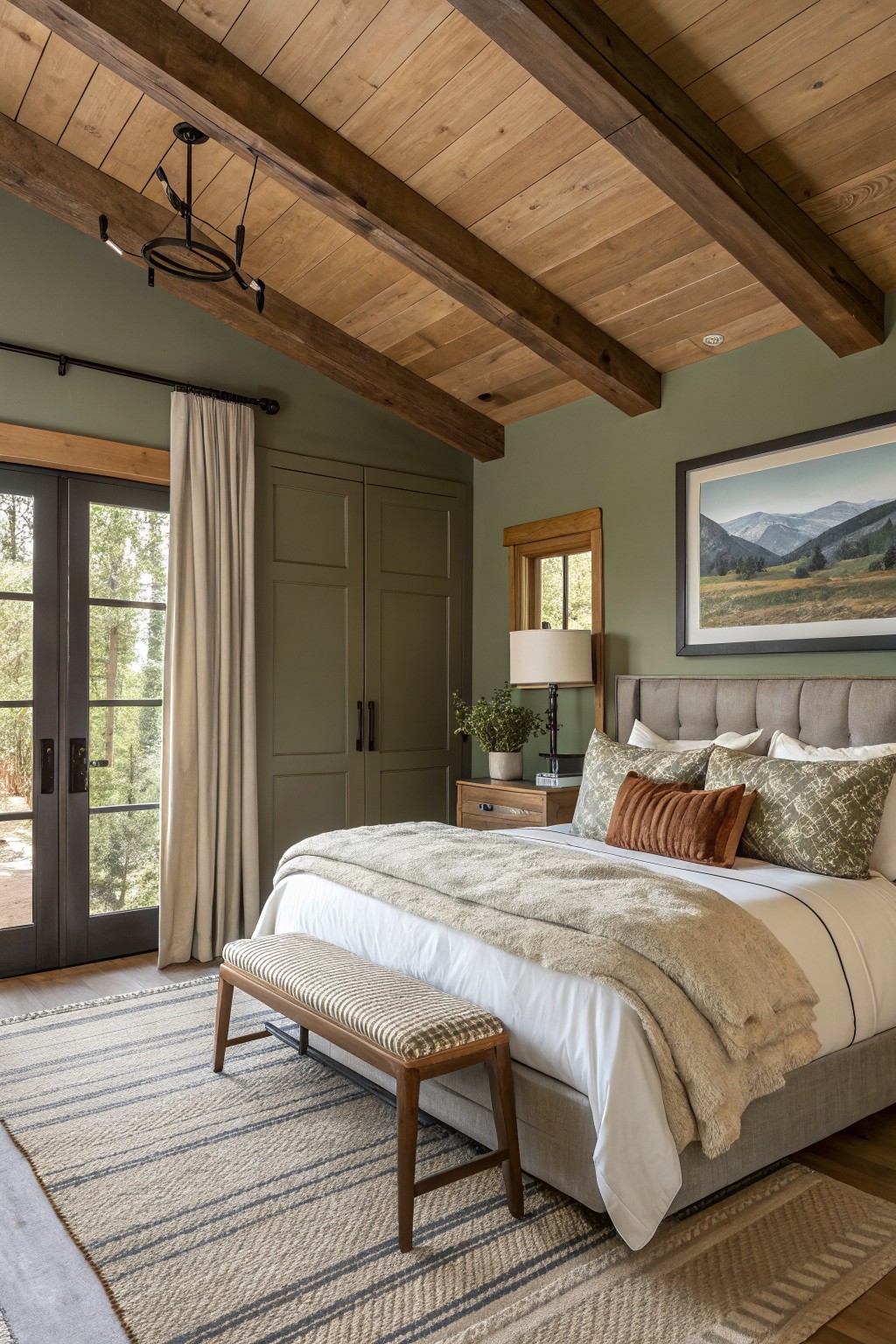 Bedroom walls painted in a soft sage green.