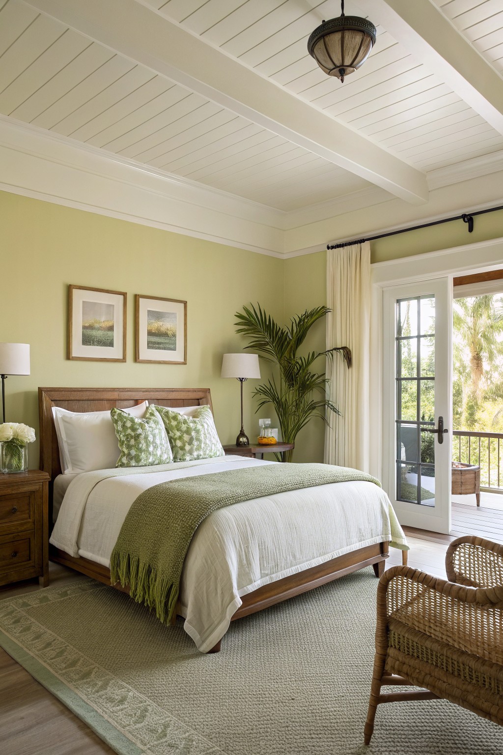 A bedroom with pale sage green walls and wood furniture.