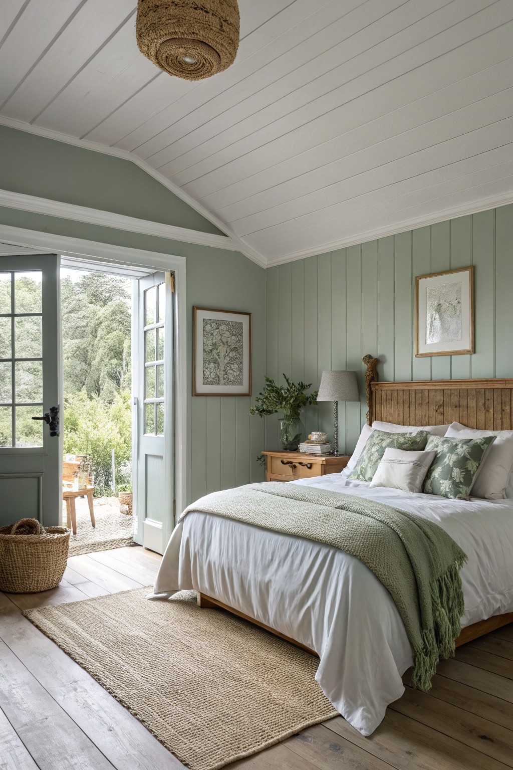 A bedroom featuring soft sage green walls with white trim and wood accents.