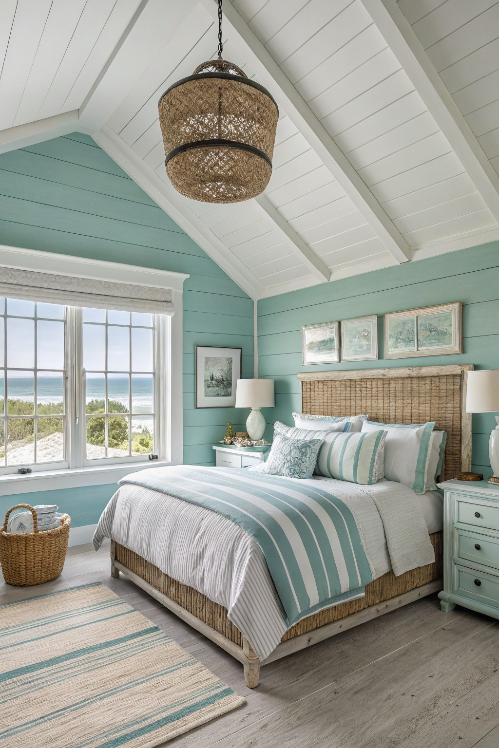 A bedroom with soft teal walls and white trim.