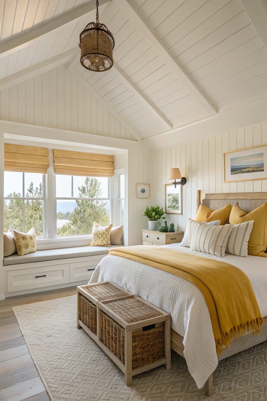 A bedroom with soft warm white walls and white trim.