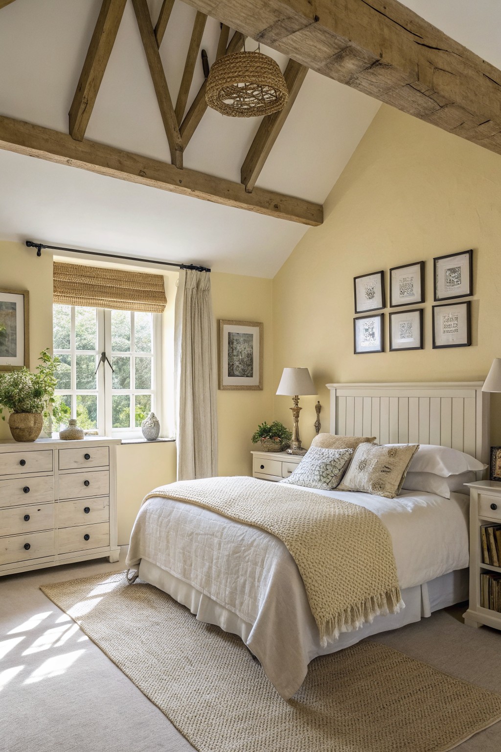 A bedroom with soft yellow walls, white trim, and exposed wood beams.