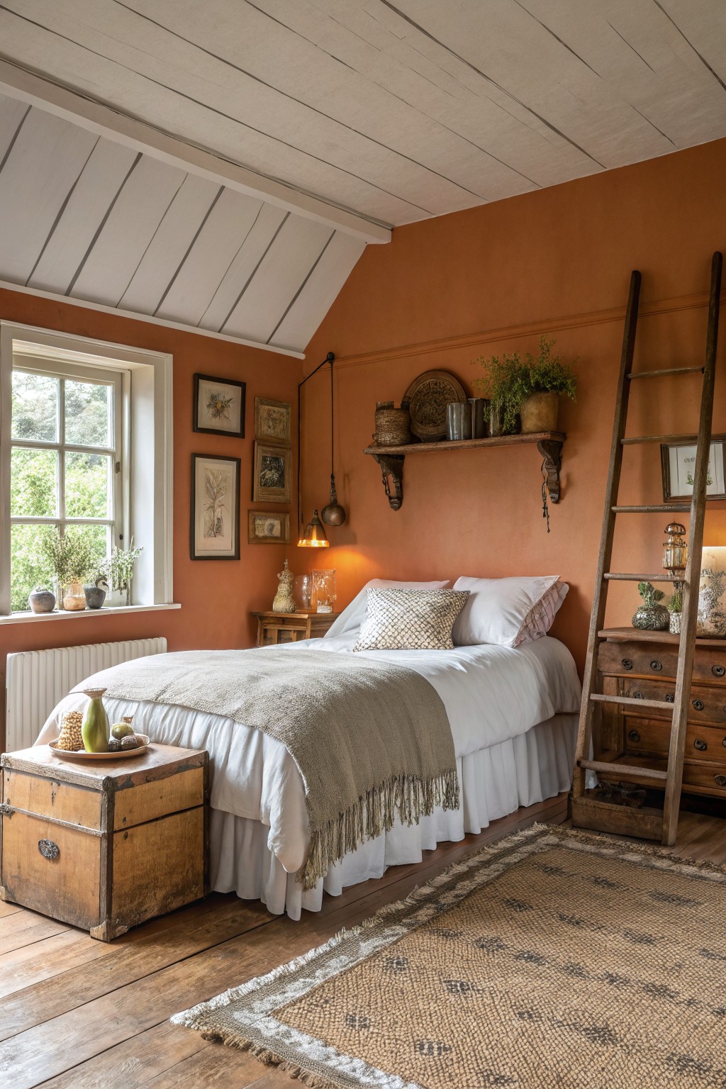 Terracotta orange walls in a bedroom with wood floors and simple furnishings.