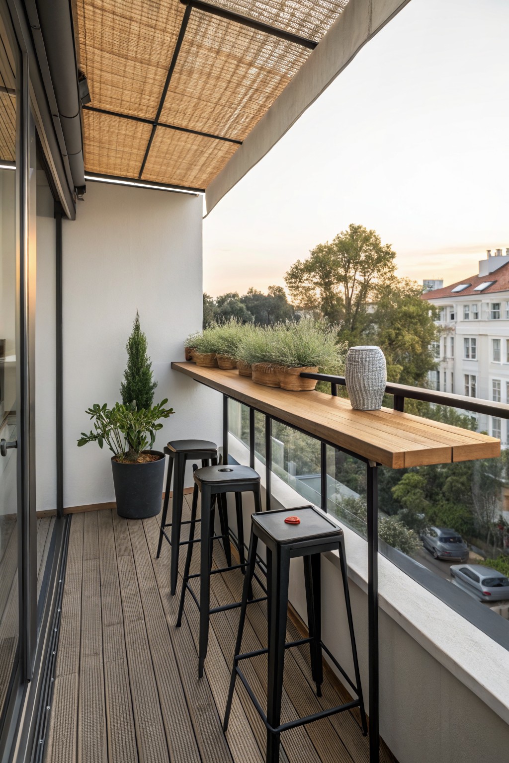 Balcony with wooden decking, three black metal stools under a long wooden counter mounted to the railing, several potted plants on the counter, and a woven shade overhead.
