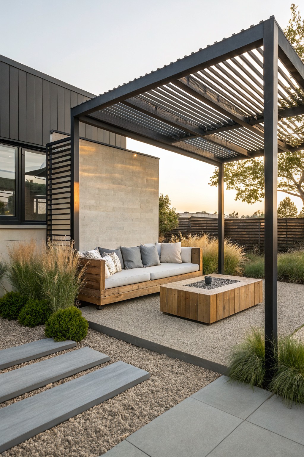 A modern outdoor patio with a dark metal slatted pergola over a wooden sofa, fire pit table, gravel ground, and surrounding grasses.