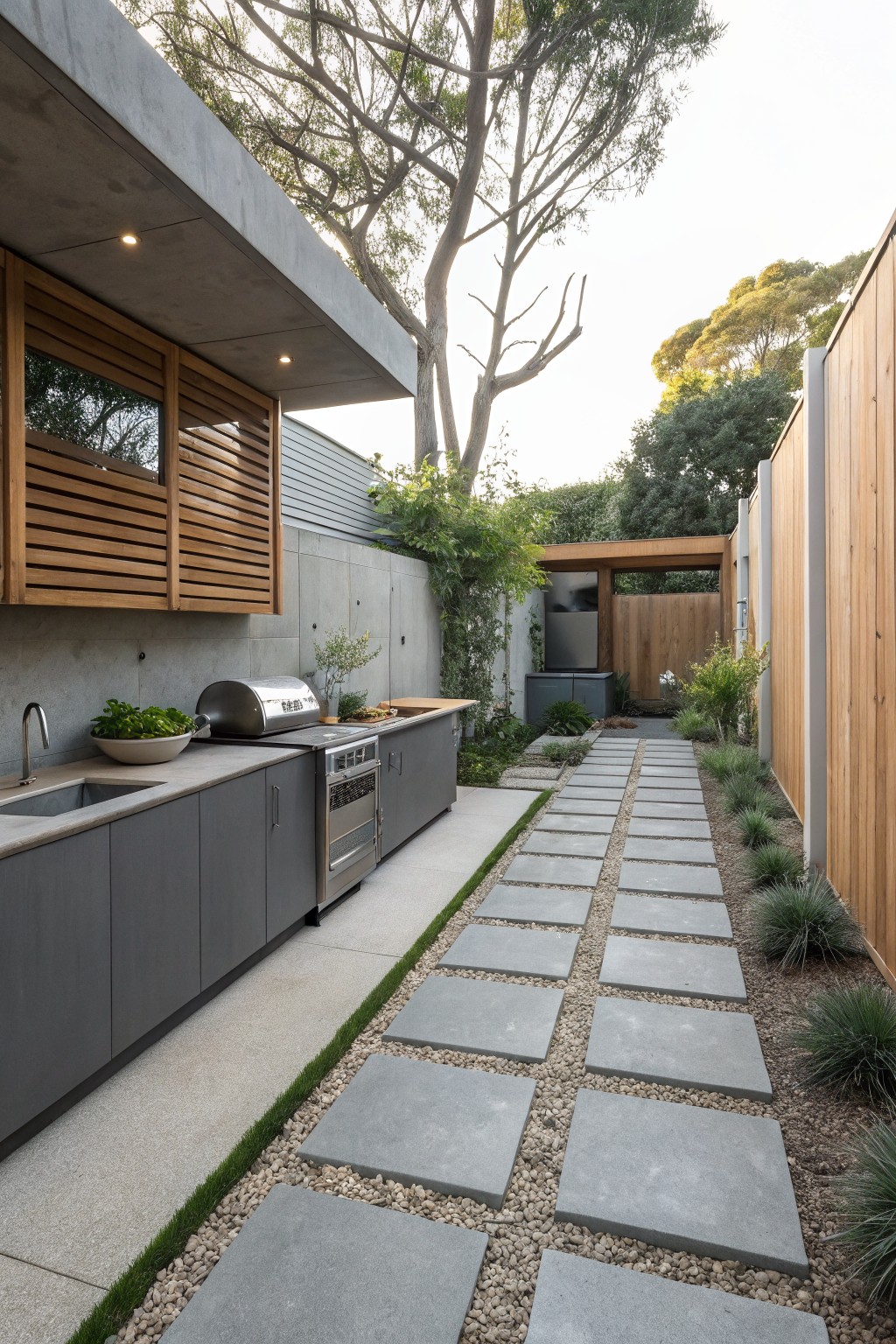 Modern outdoor kitchen with gray cabinets beside a stone garden pathway.
