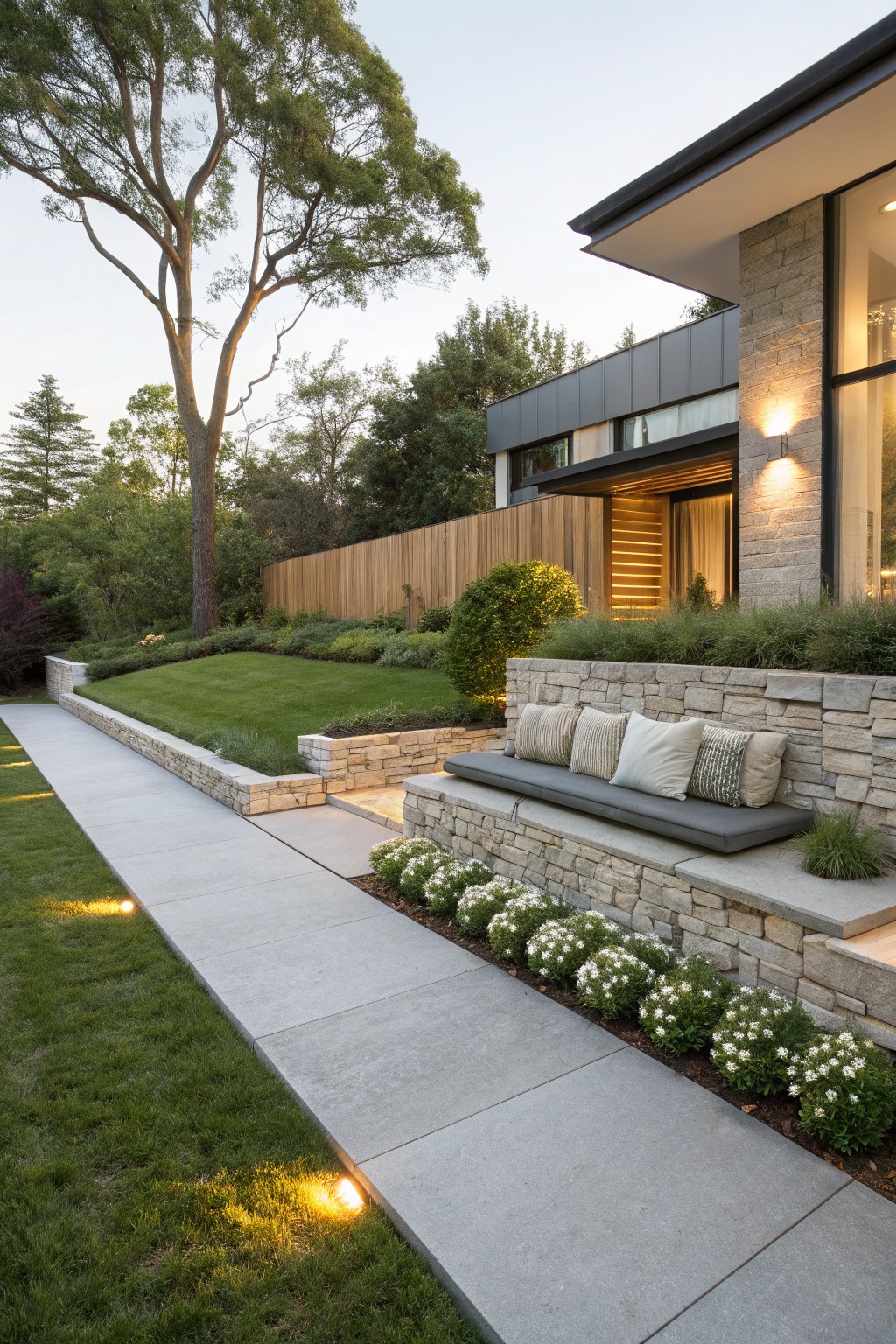 A modern house exterior with a low stone retaining wall that includes a built-in gray bench with several pillows, next to a concrete path and planted beds.