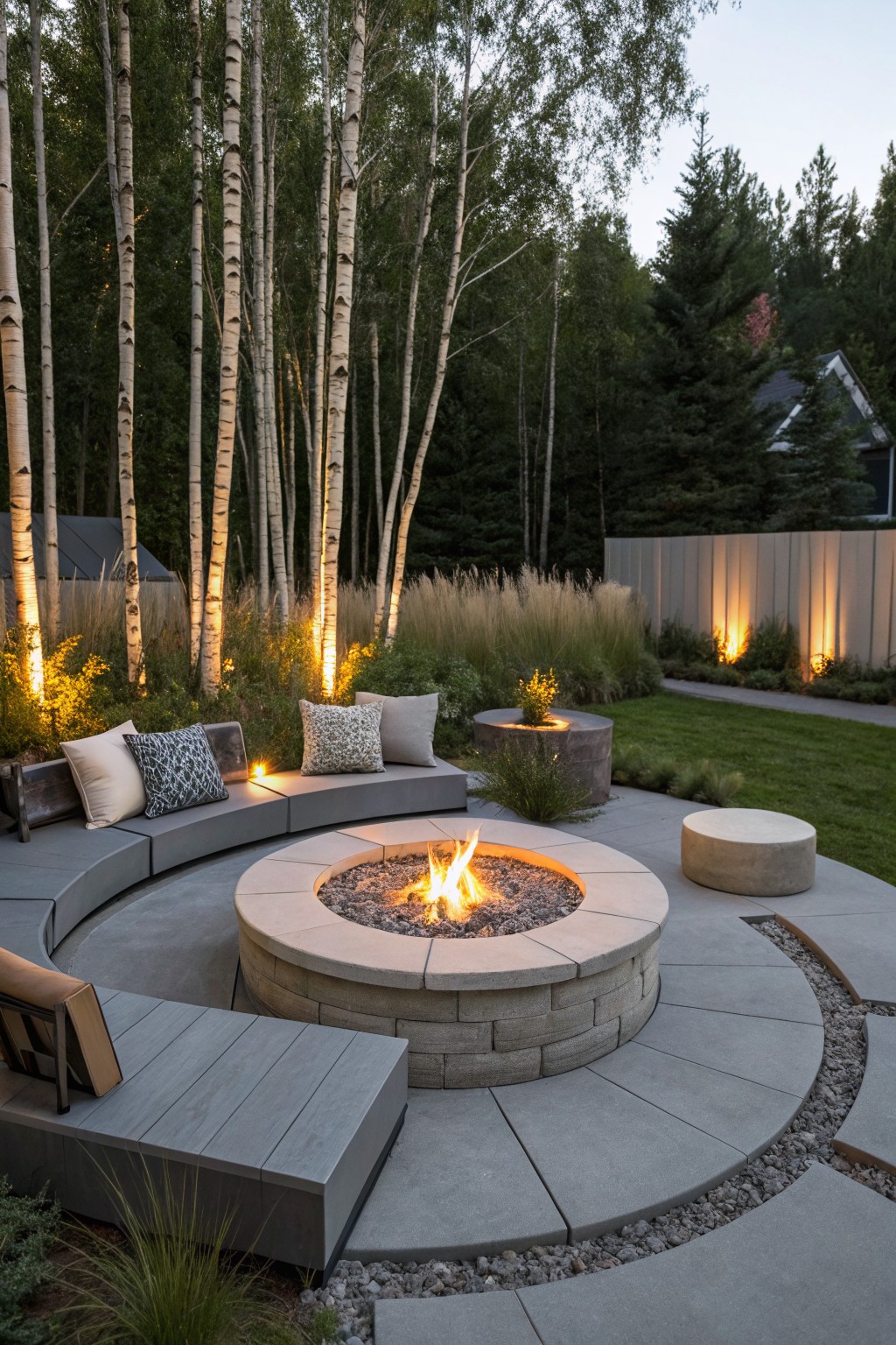 A circular concrete fire pit with surrounding curved gray concrete seating on a minimalist patio, set against trees and grass.