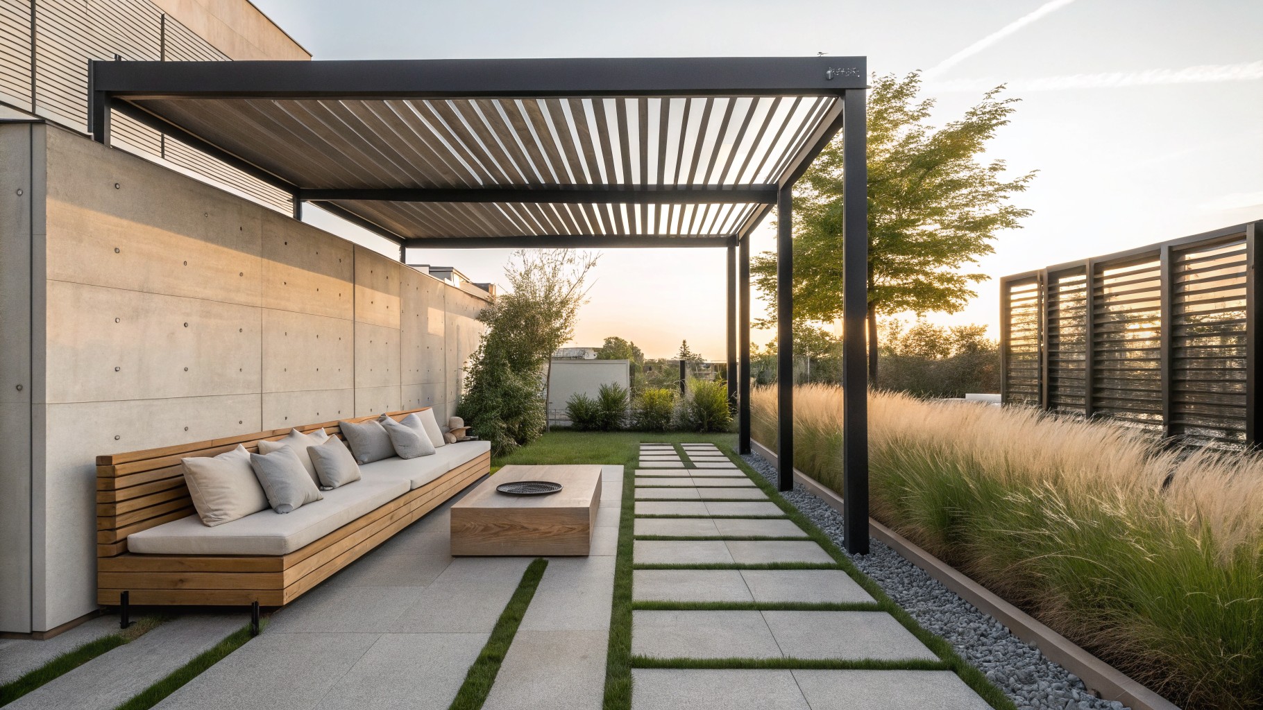 A modern outdoor patio with a dark metal slatted pergola over a wooden sofa, fire pit table, gravel ground, and surrounding grasses.