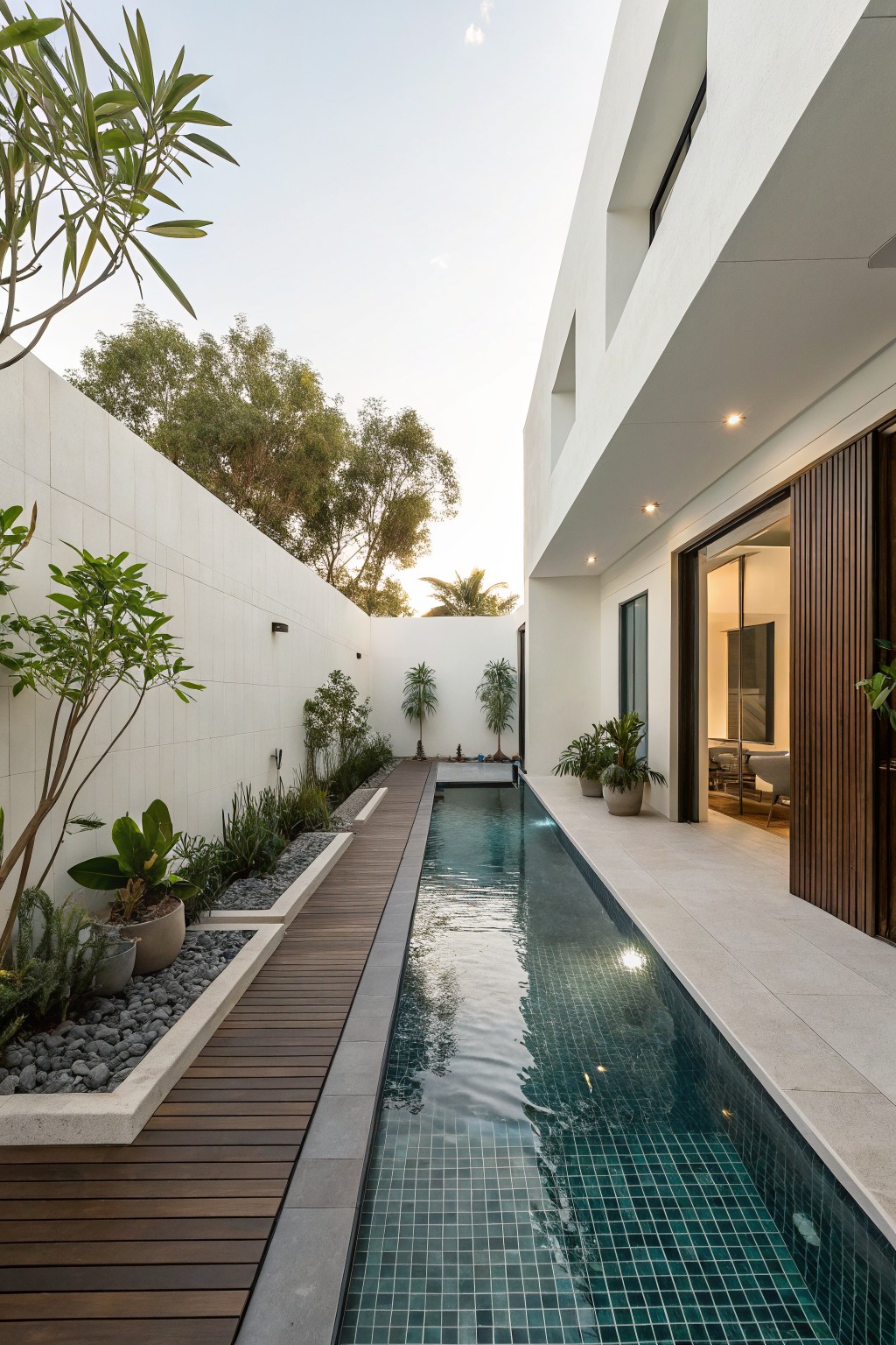 Modern courtyard with long turquoise pool, wooden deck, and open white house.