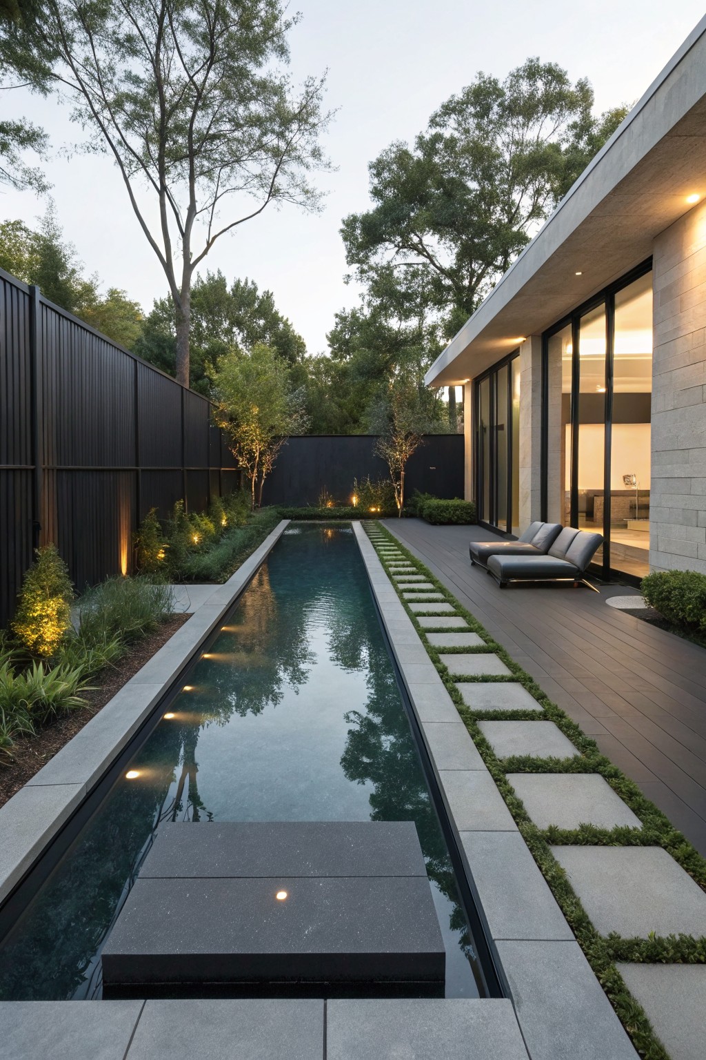 A modern backyard featuring a long narrow lap pool beside a wooden deck with two lounge chairs and large glass doors on the house.