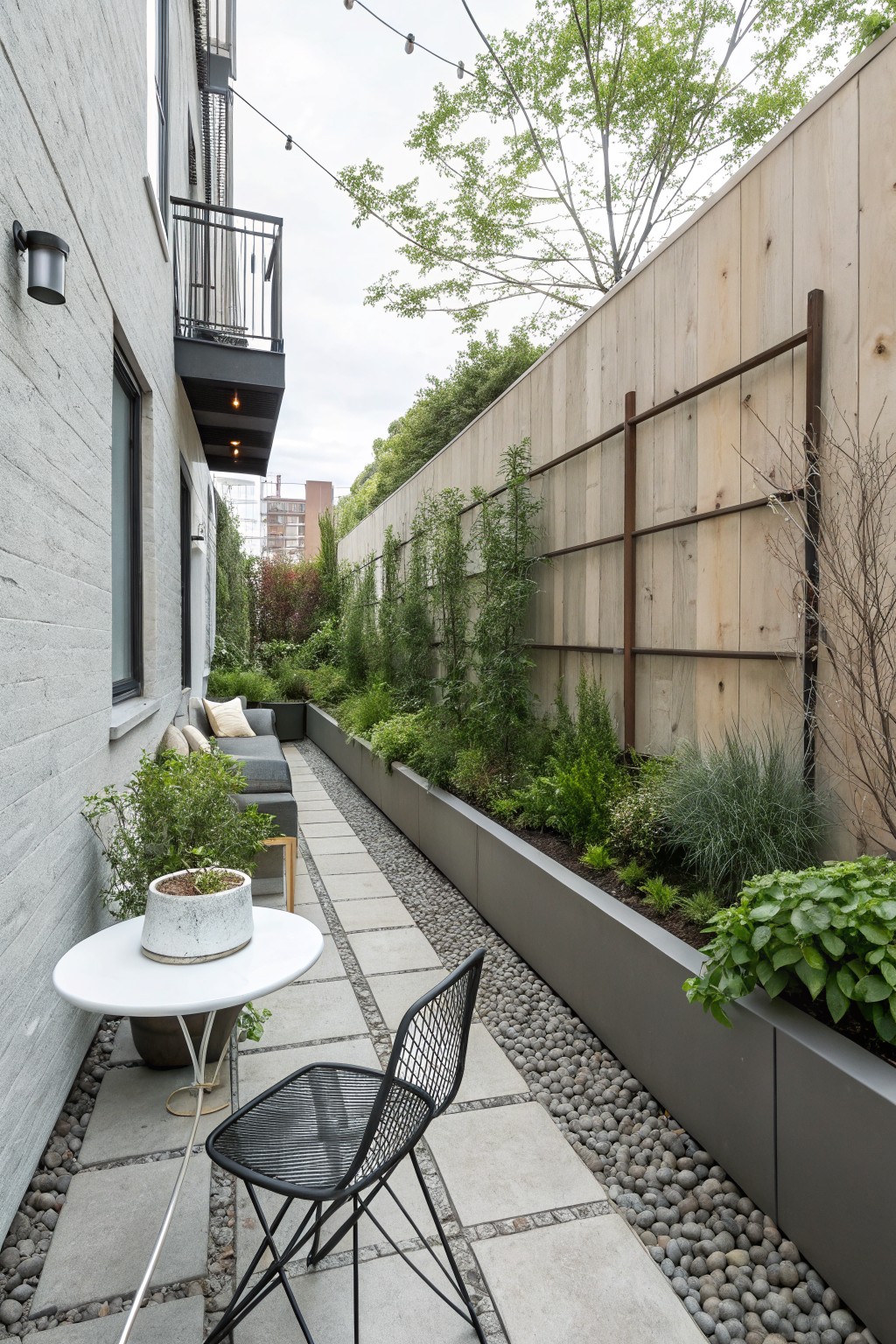 A narrow outdoor patio with stone pavers, a round white table and black chairs, a built-in bench, and a long gray planter filled with tall and low green plants along a wooden fence.