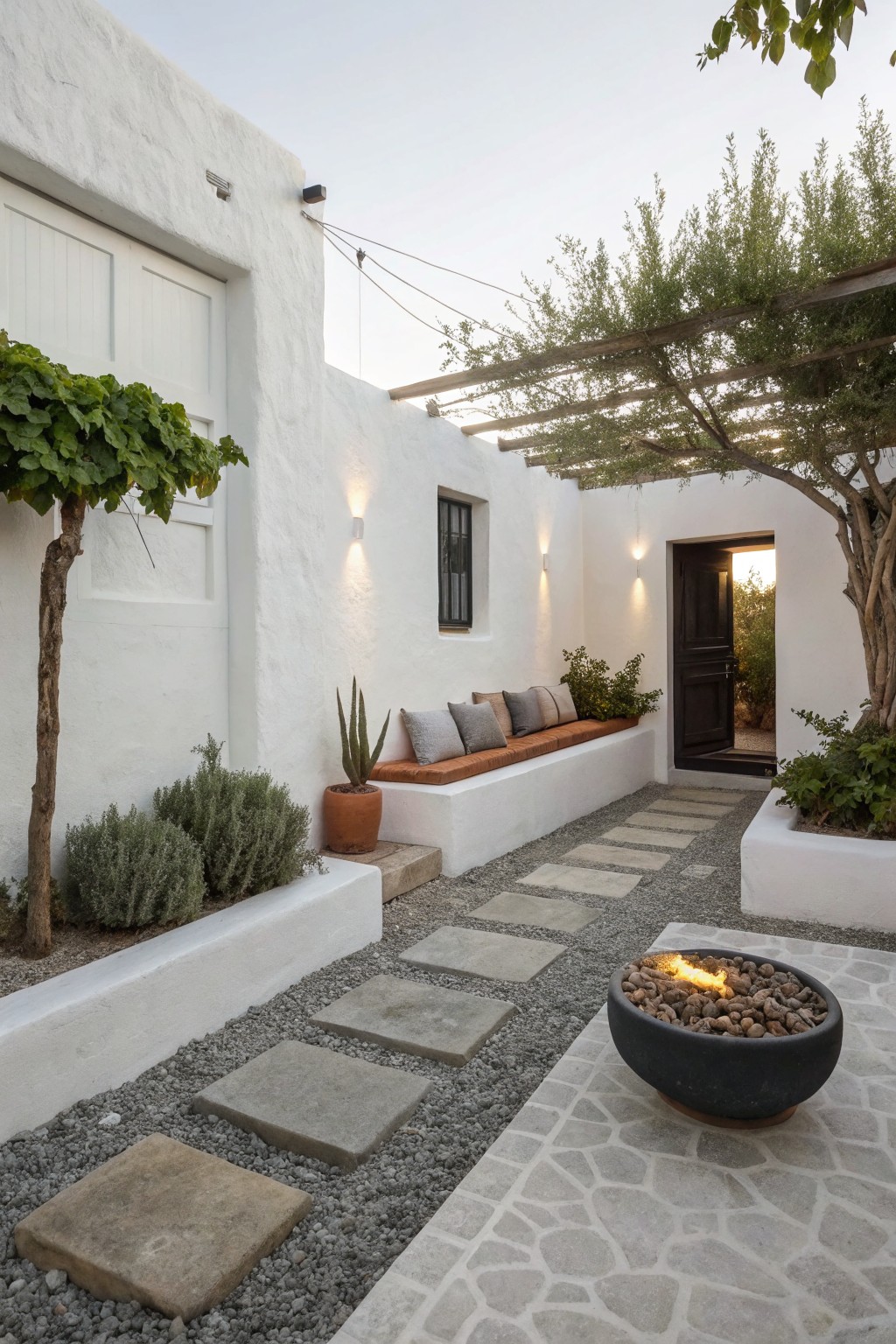 A minimalist outdoor courtyard with white walls, a built-in bench with cushions, gravel paths with large stepping stones, a dark fire pit bowl, and a wooden pergola overhead.