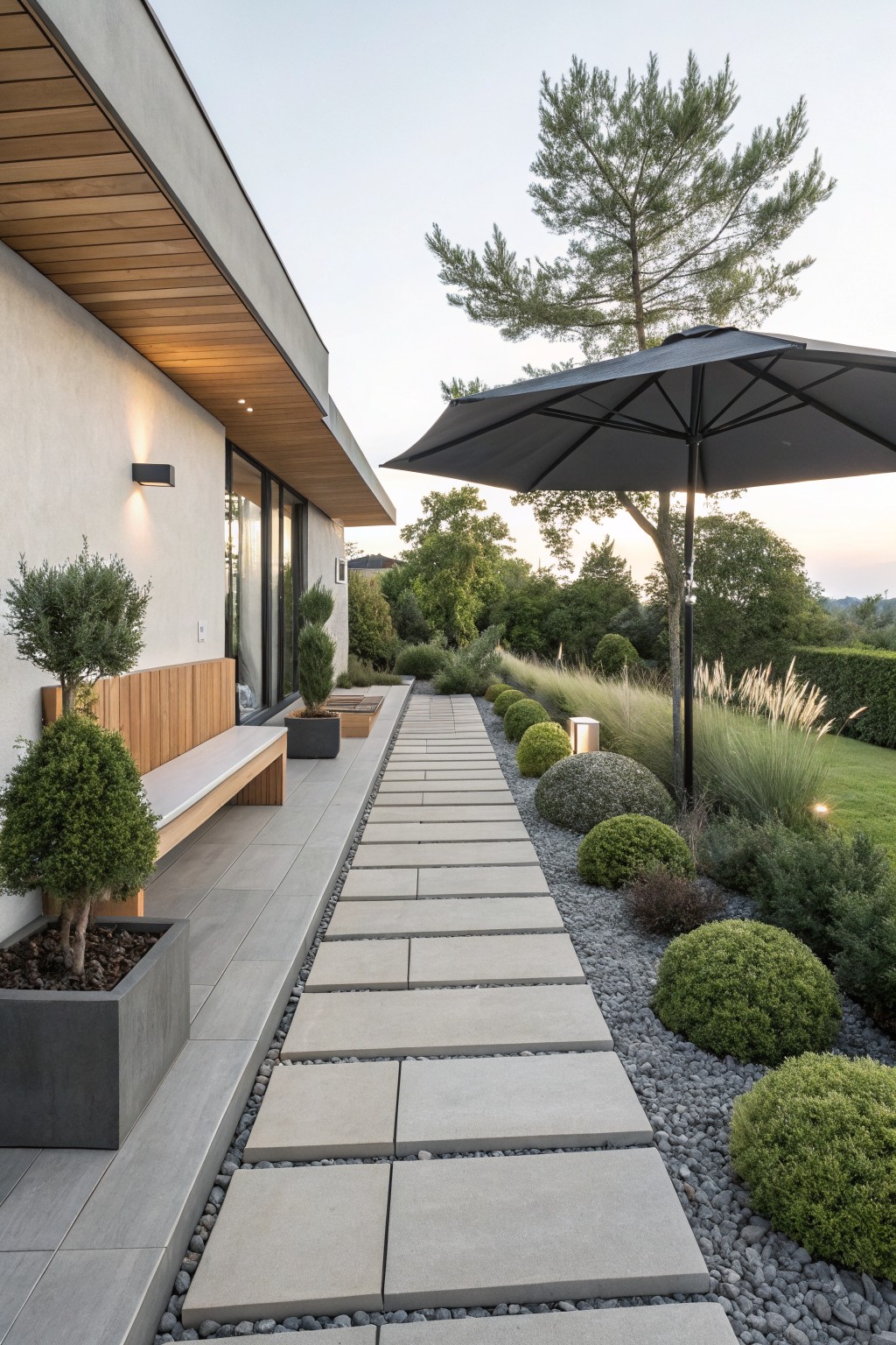 A modern house with a long straight pathway of rectangular stone pavers bordered by gravel and low green shrubs, extending past a large black umbrella toward trees.