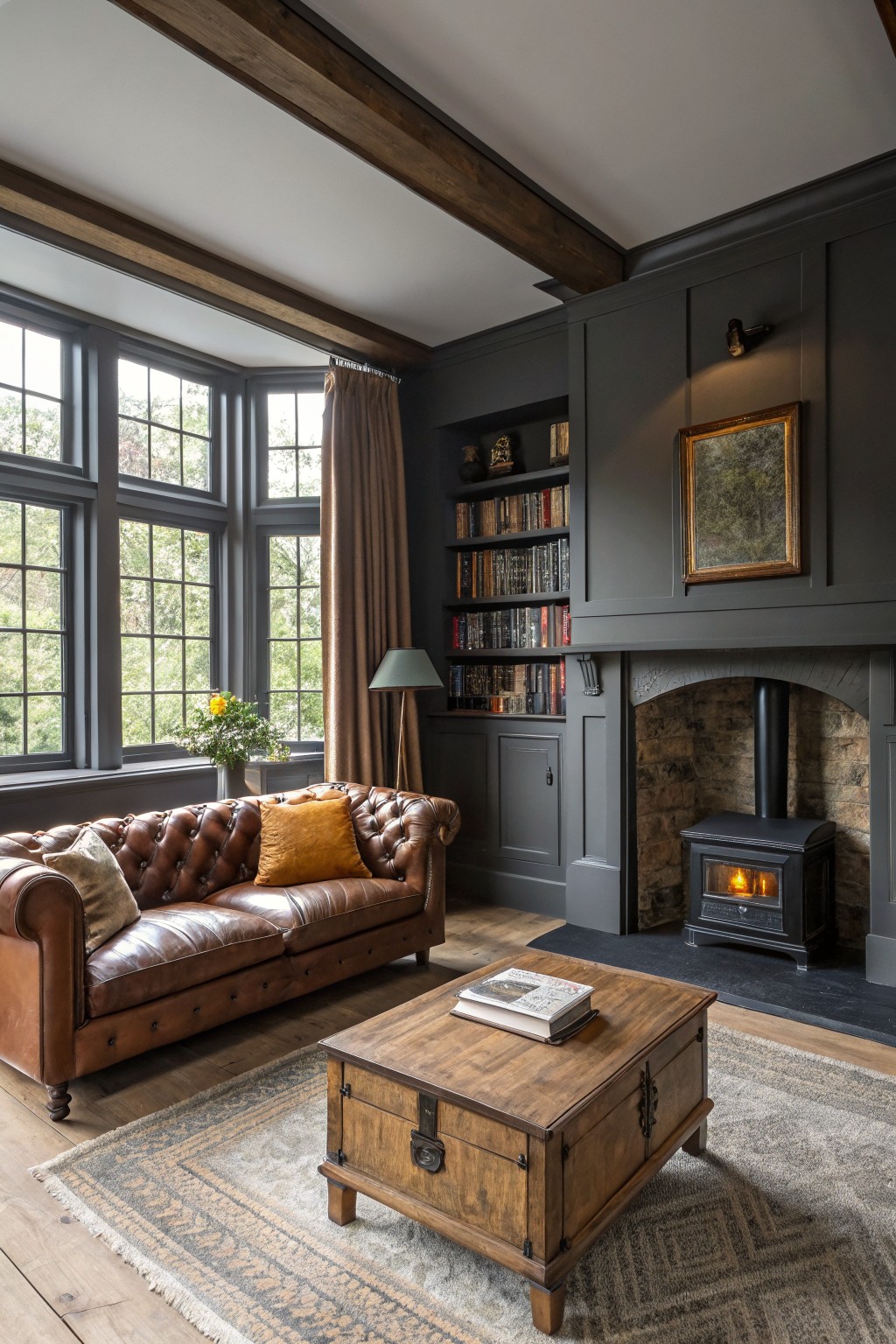 Dark charcoal gray walls and built-ins in a farmhouse living room with wood floors.