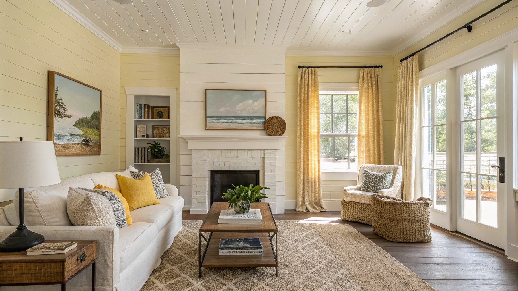 A living room with soft yellow walls and white trim around the fireplace.