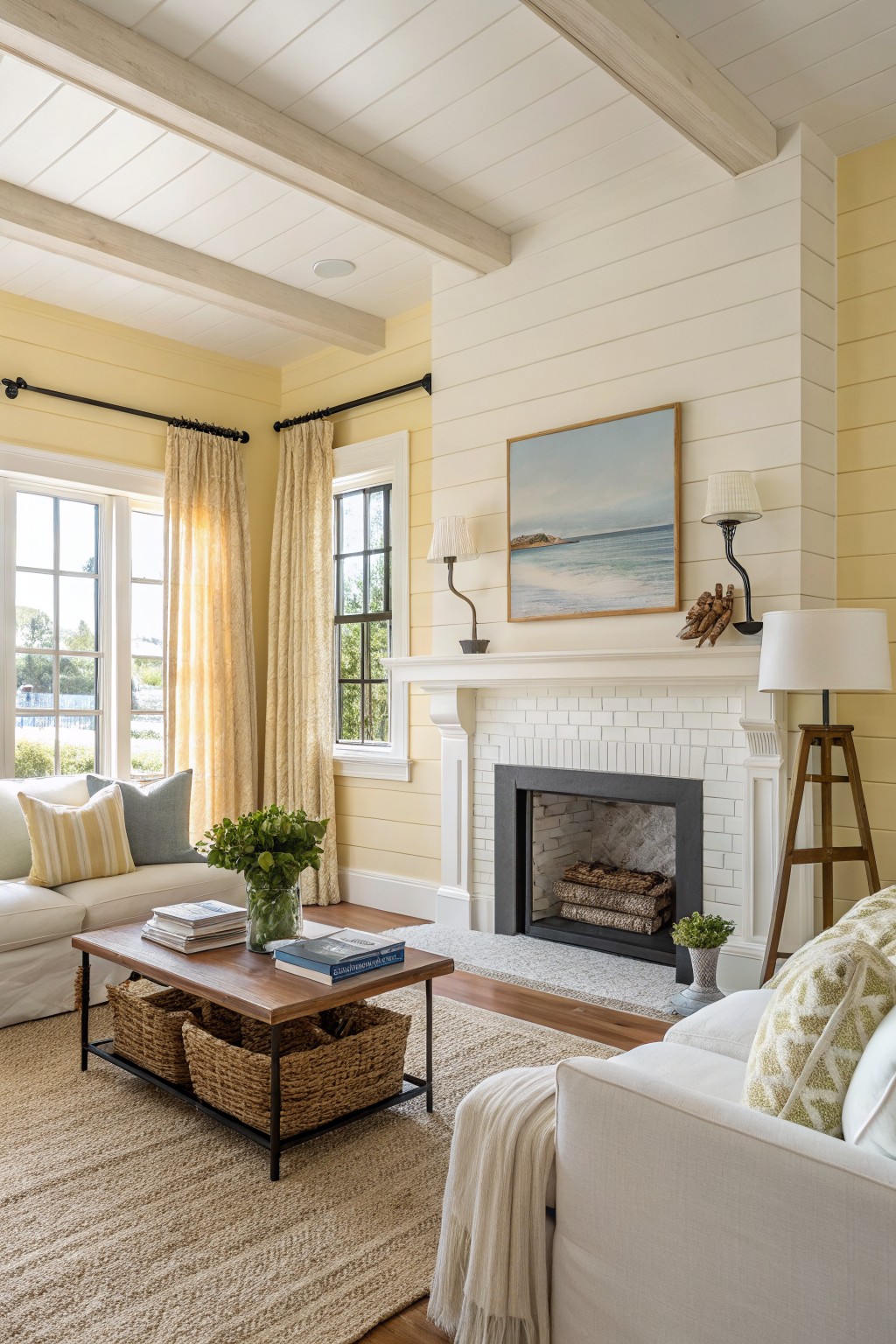 A living room with soft yellow walls and white trim around the fireplace.