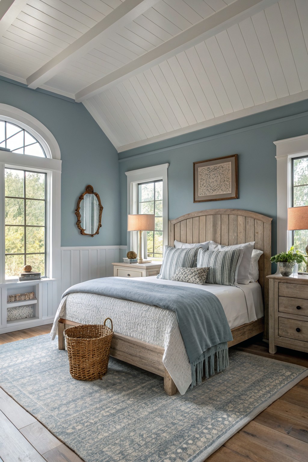 A bedroom with soft blue gray walls, white trim, and wood accents.