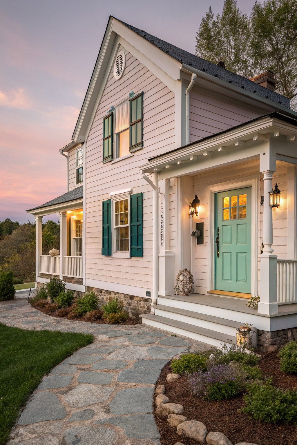 A farmhouse exterior with soft lavender gray siding and white trim.