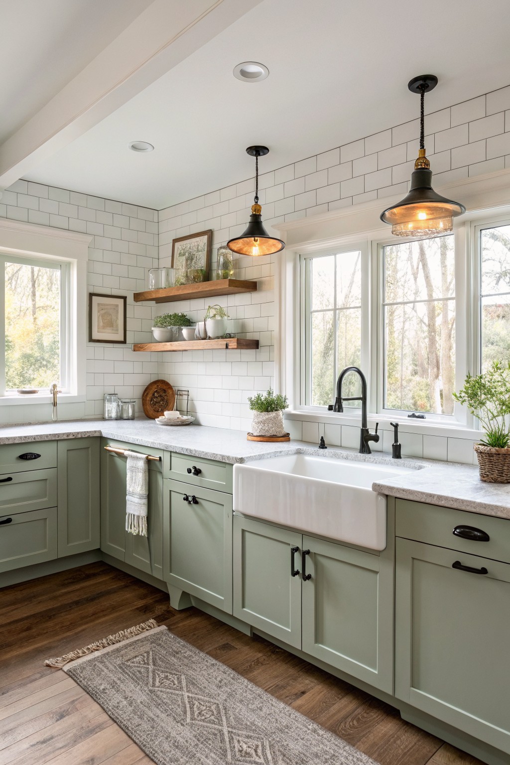 Sage green kitchen with white farmhouse sink, wooden shelves, and black pendants