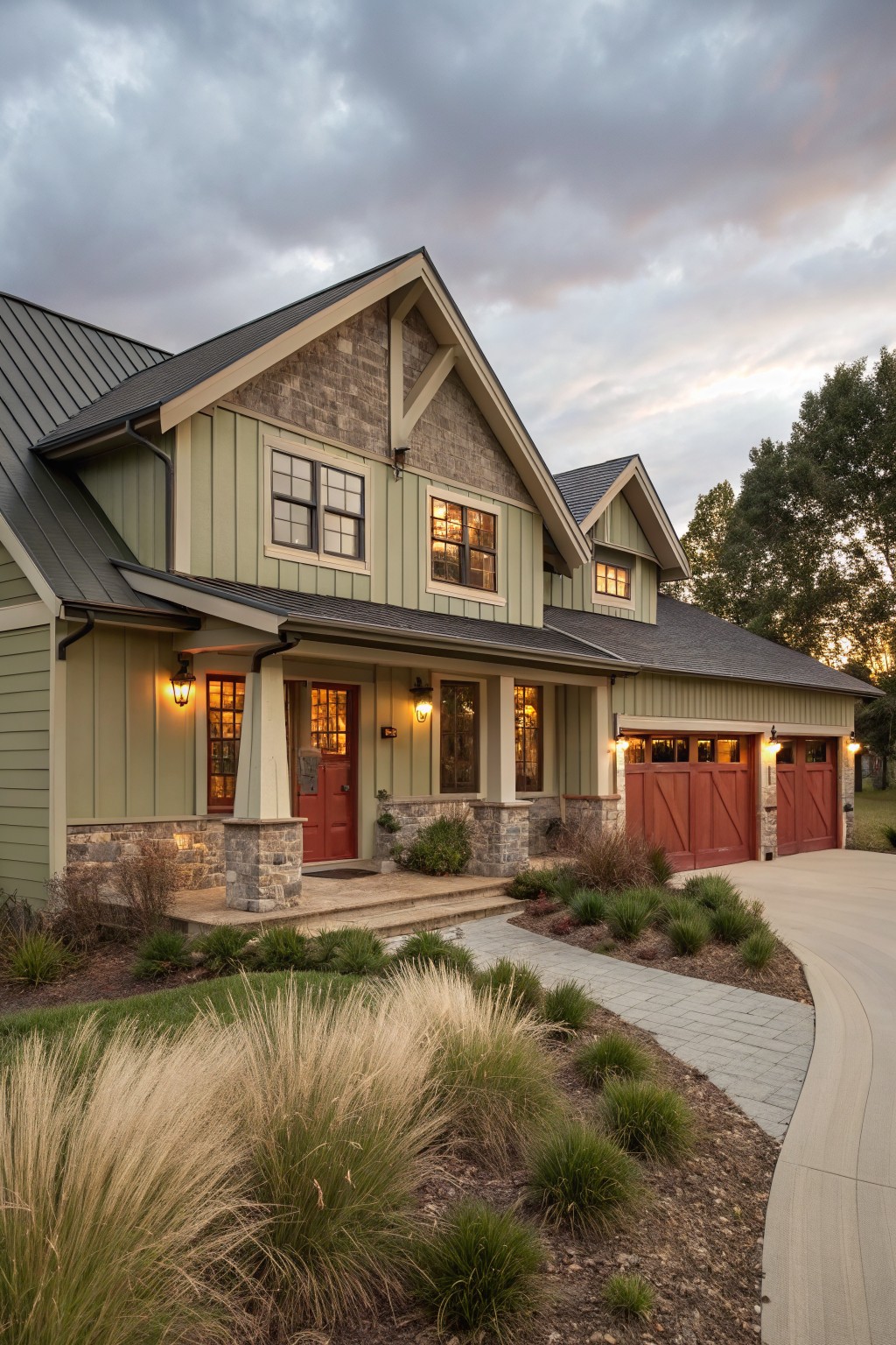 A house exterior finished in soft sage green siding.