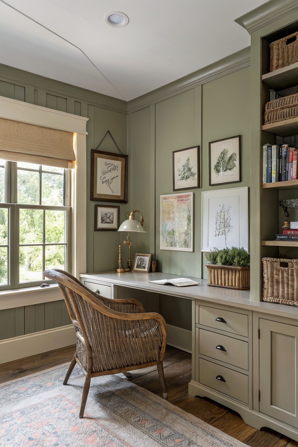 Sage green walls in a farmhouse home office with wood furniture and built-in shelving.