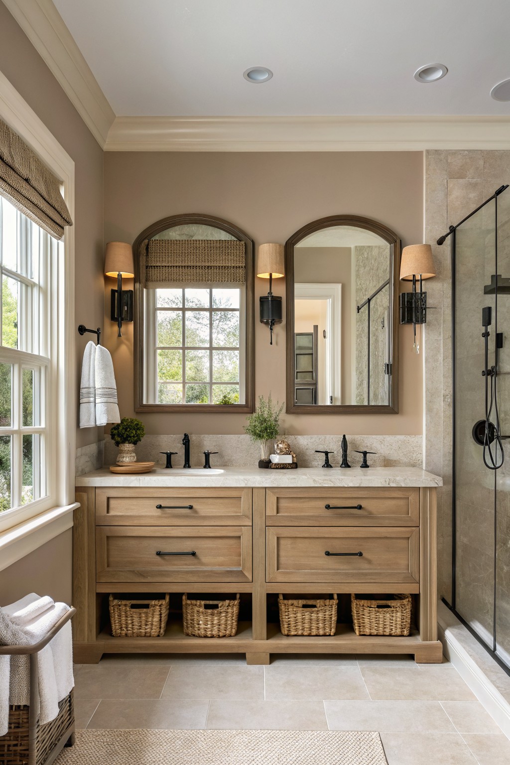 Modern bathroom with double wood vanity, arched mirrors, marble counter, and shower