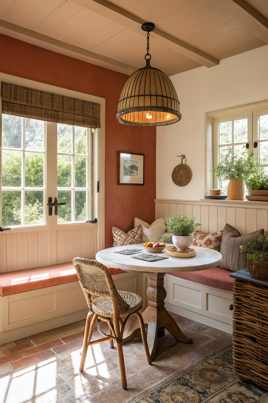 Warm terracotta walls in a farmhouse dining nook with white wainscoting.