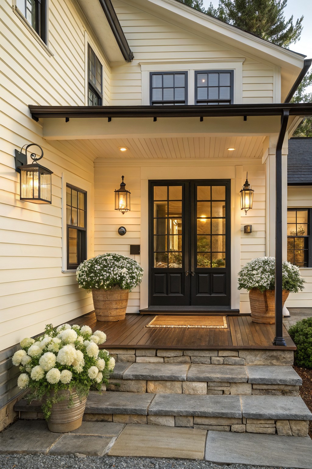 A modern farmhouse with creamy white siding and black double doors.